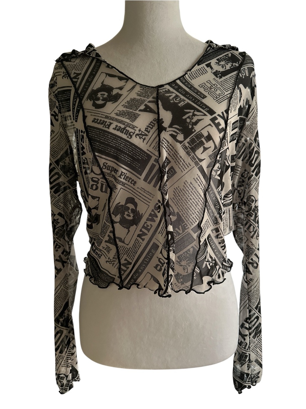 Self Esteem Mesh Newspaper-Print V-Neck Crop Top - Black on Beige